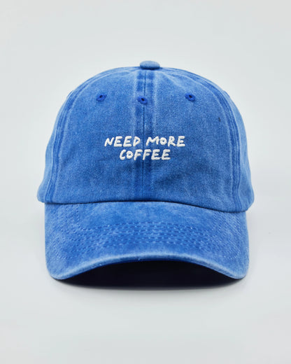 Front view of Need More Coffee Blue Washed Cap