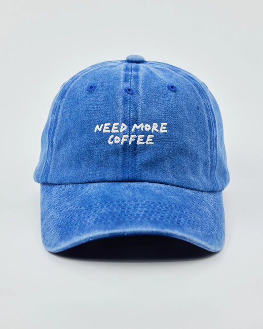 Front view of Need More Coffee Blue Washed Cap