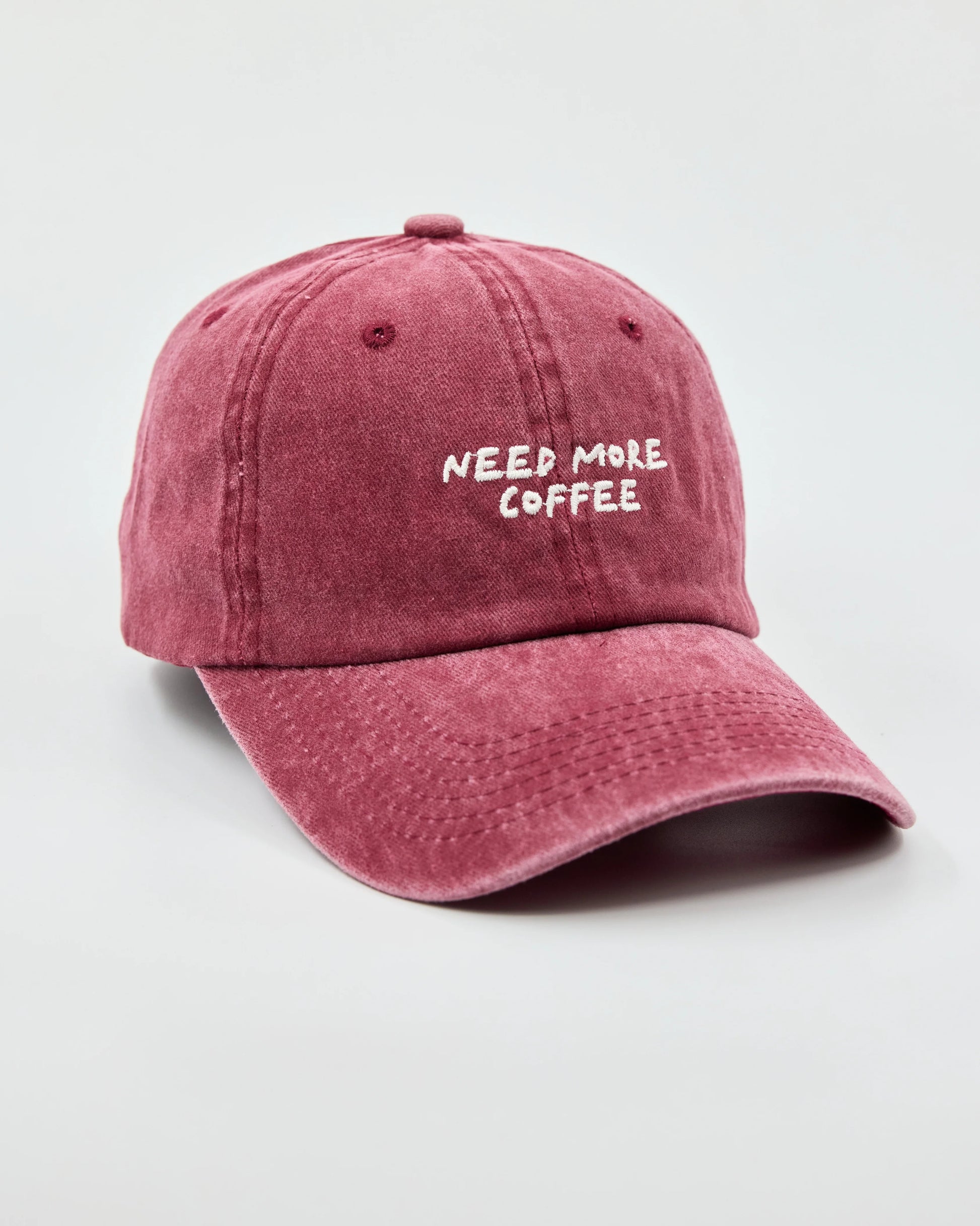 Side view of Need More Coffee Burgundy Washed Cap