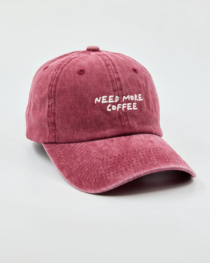 Side view of Need More Coffee Burgundy Washed Cap