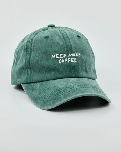 Side view of Need More Coffee Dark Green Washed Cap