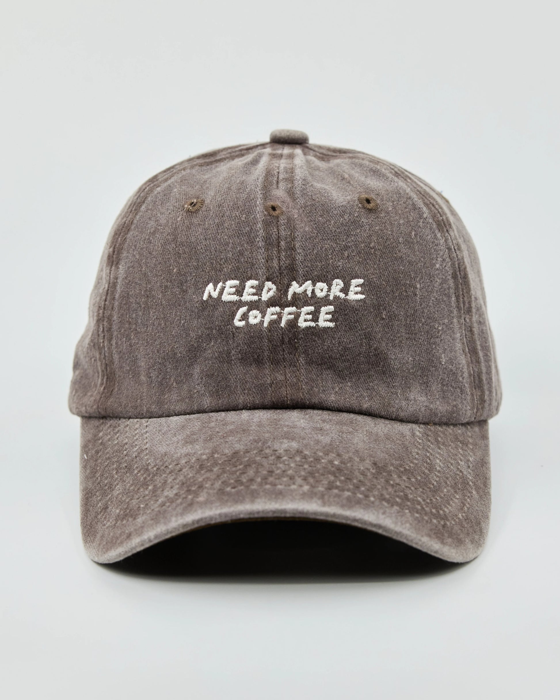 Front view of Need More Coffee Dusty Brown Washed Cap