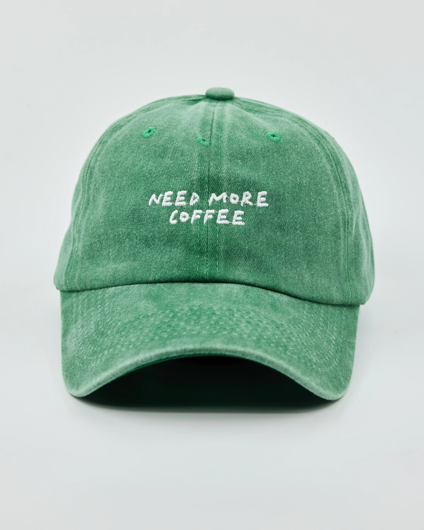 Front view of Need More Coffee Green Washed Cap
