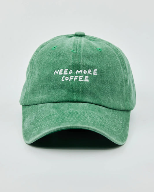 Front view of Need More Coffee Green Washed Cap
