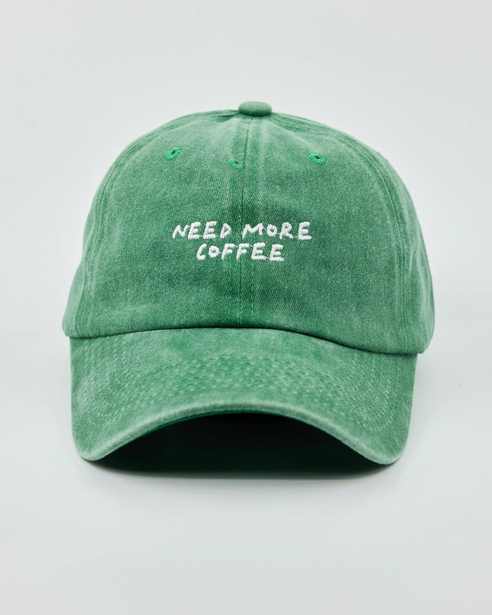 Front view of Need More Coffee Green Washed Cap