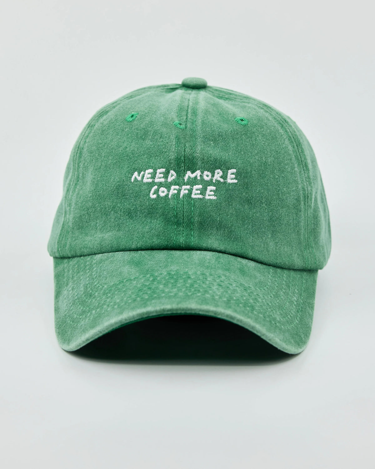 Front view of Need More Coffee Green Washed Cap