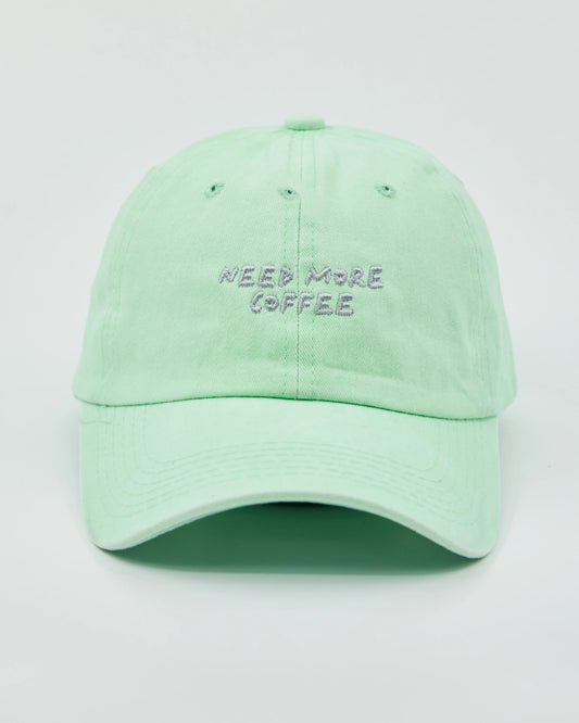 Front view of Need More Coffee Light Green Washed Cap