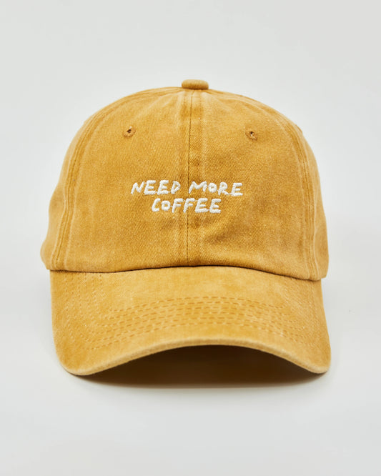 Front view of Need More Coffee Mustard Washed Cap