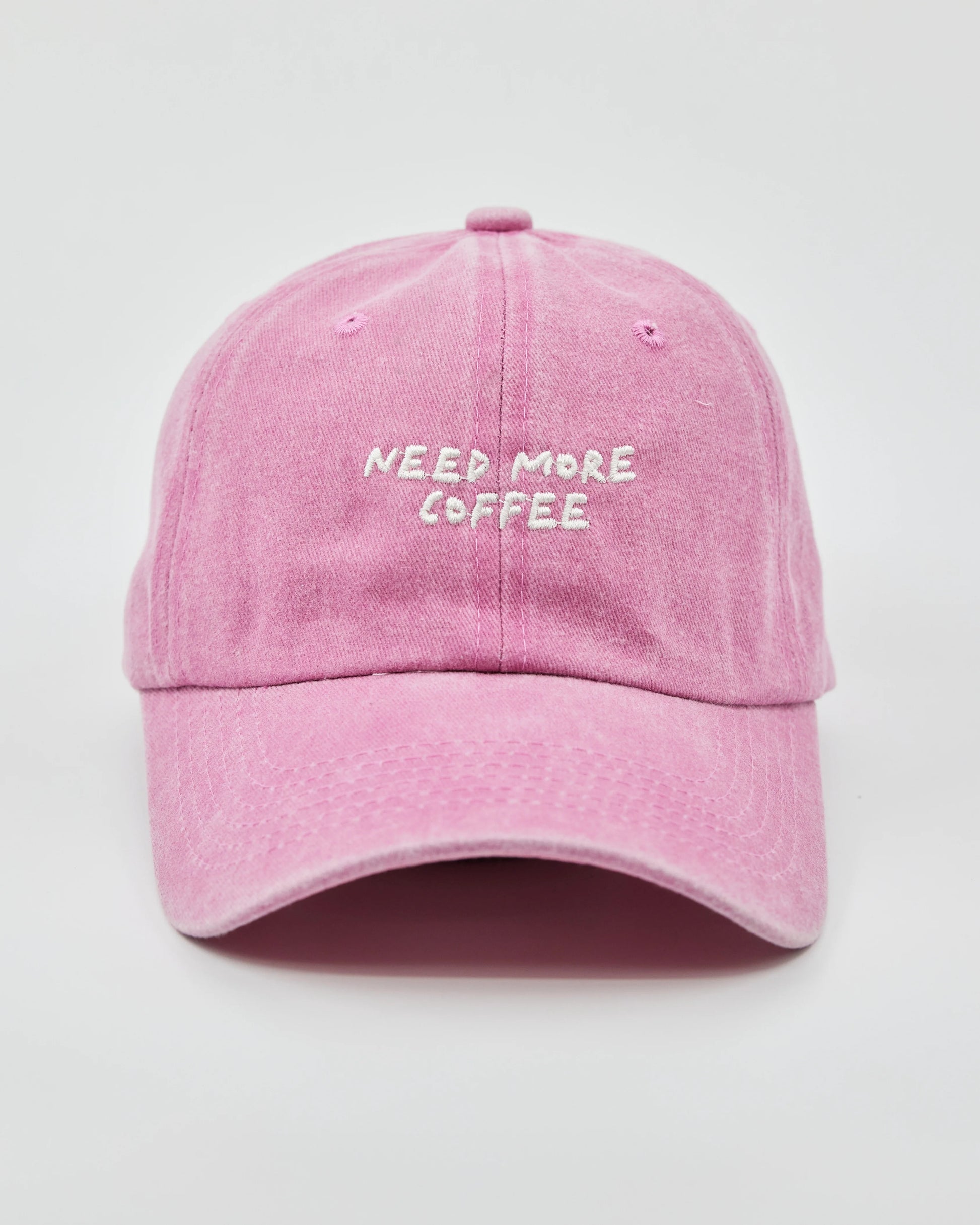 Front view of Need More Coffee Pink Washed Cap