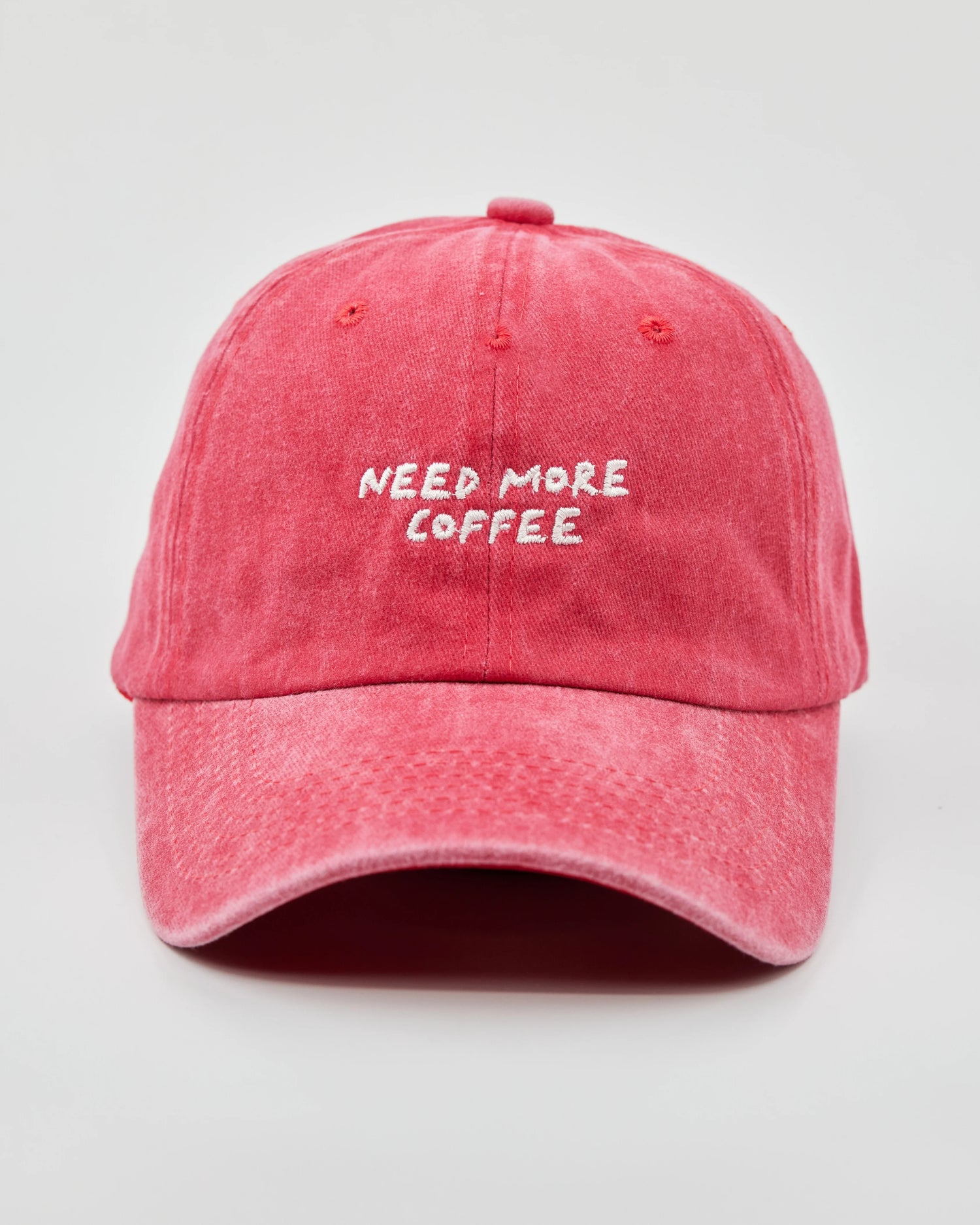 Front view of Need More Coffee Red Washed Cap
