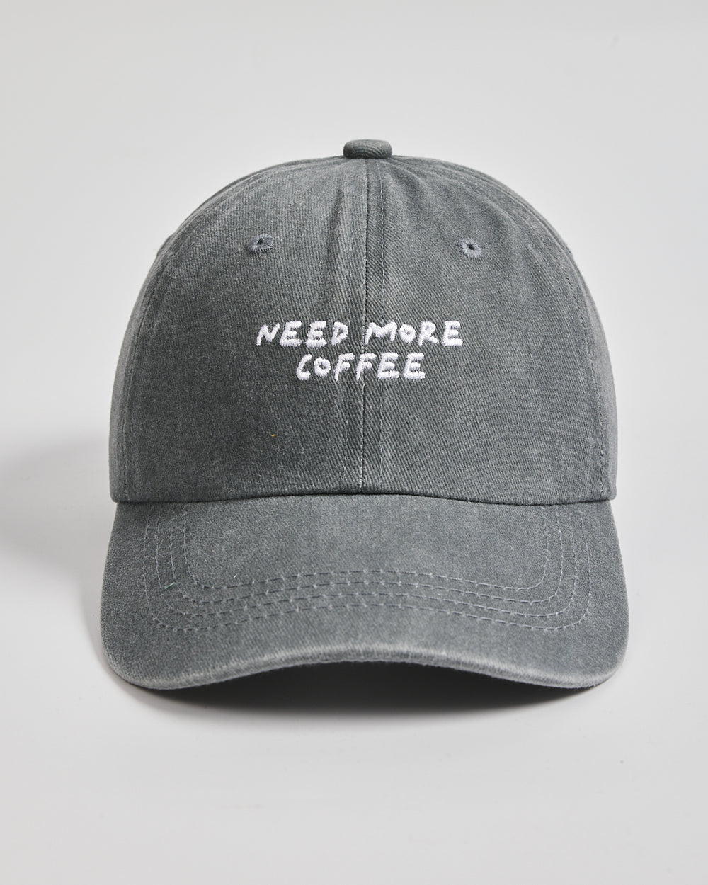 Front view of Need More Coffee Washed Grey Washed Cap