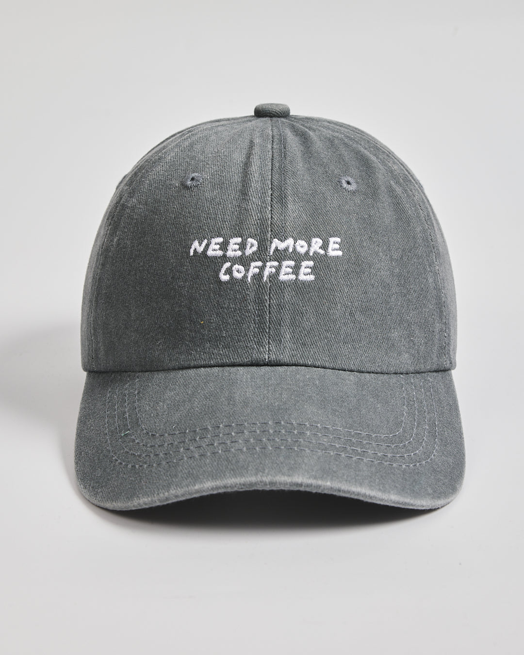 Front view of Need More Coffee Washed Grey Washed Cap