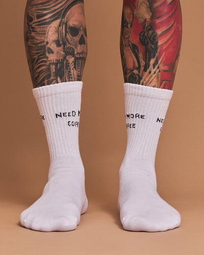 Front view of Need More Coffee White Socks
