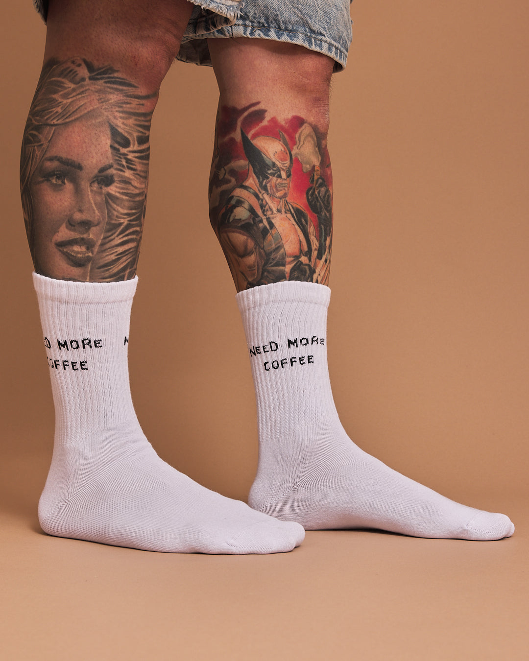 Side view of Need More Coffee White Socks