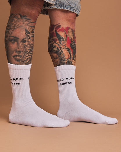 Side view of Need More Coffee White Socks