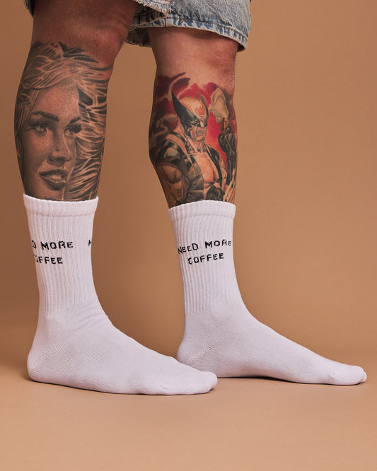 Side view of Need More Coffee White Socks
