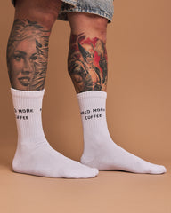 Side view of Need More Coffee White Socks