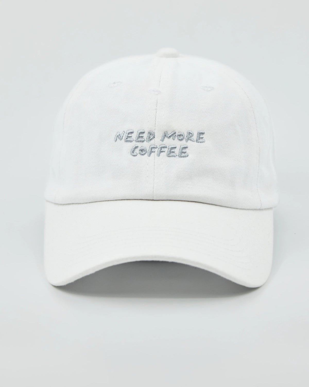Front view of Need More Coffee White Washed Cap
