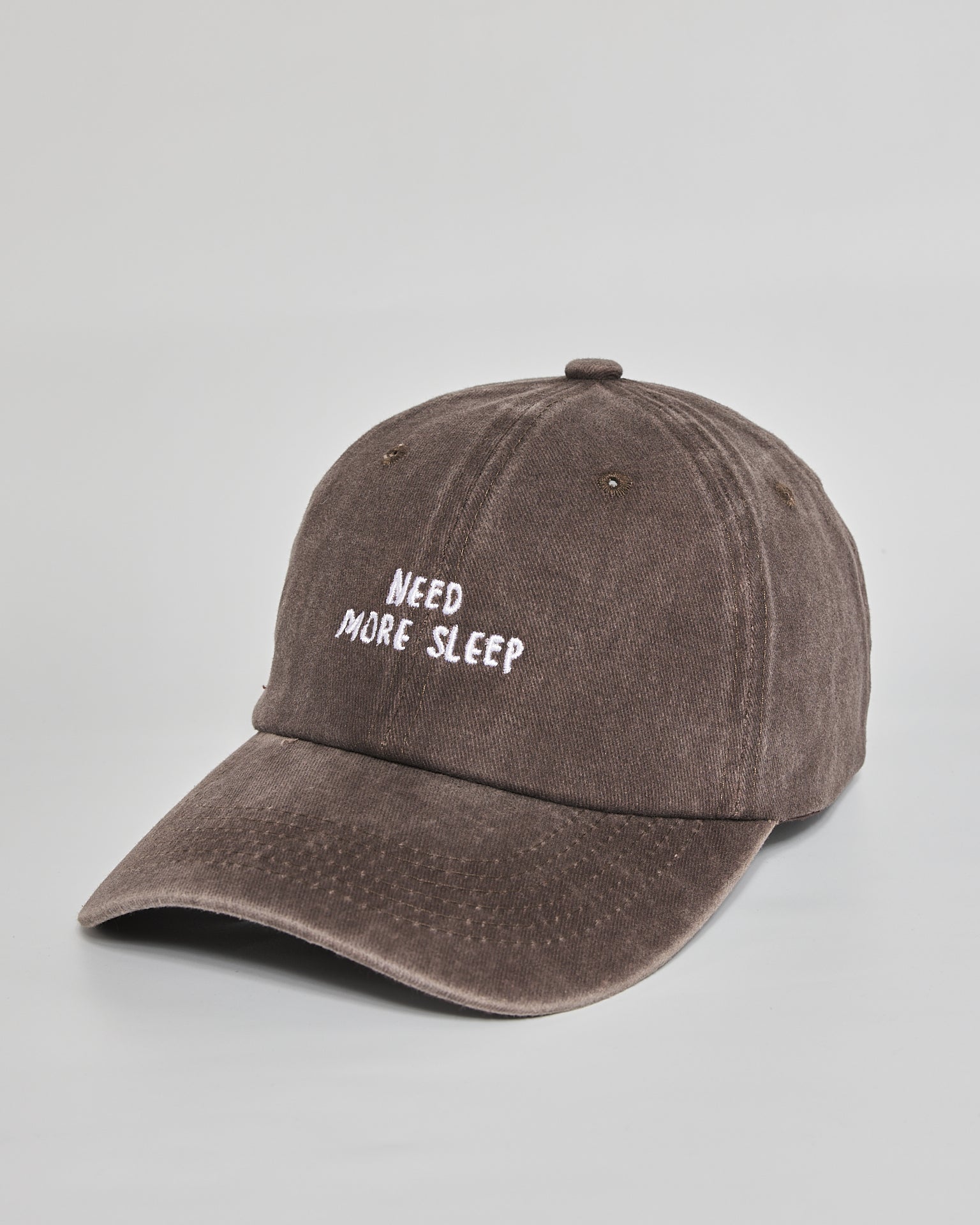 Need More Sleep brown washed cap - side view