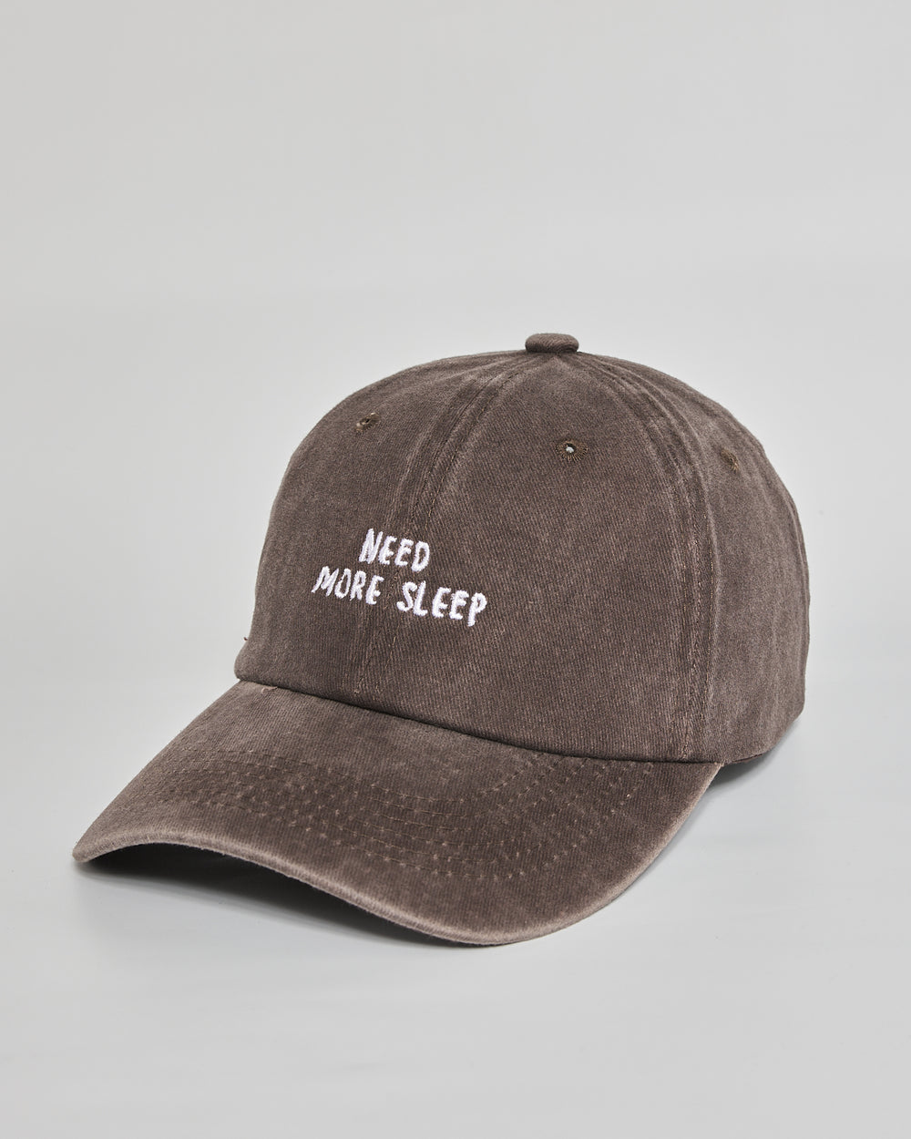 Need More Sleep brown washed cap - side view
