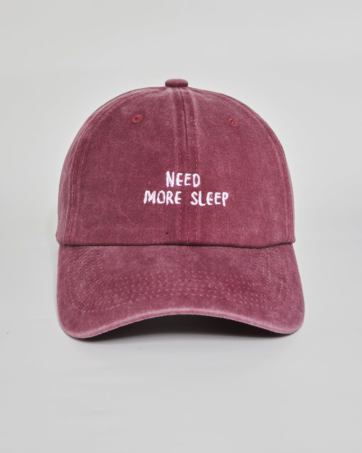 Need More Sleep burgundy washed cap - front view
