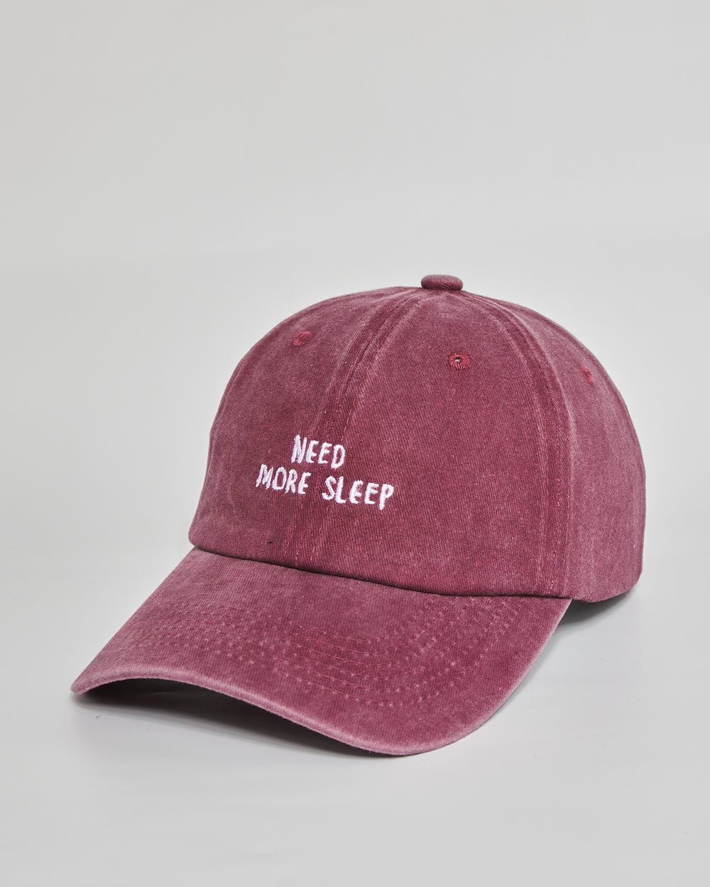 Need More Sleep burgundy washed cap - side view