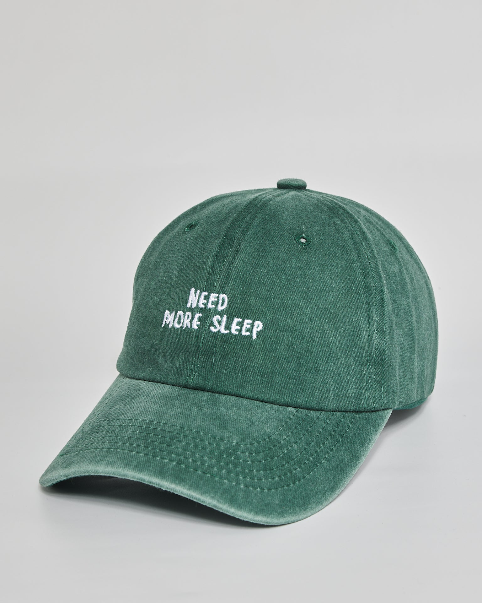 Need More Sleep forest green washed cap - side view