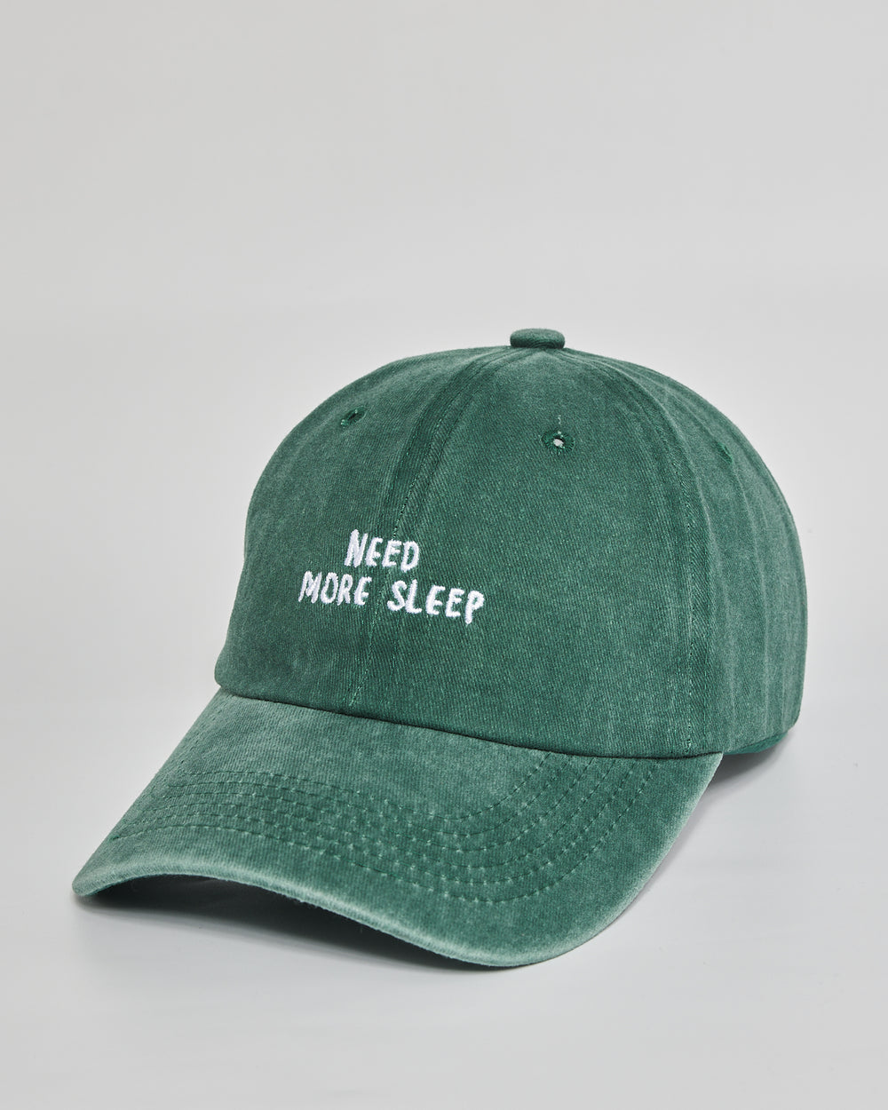 Need More Sleep forest green washed cap - side view