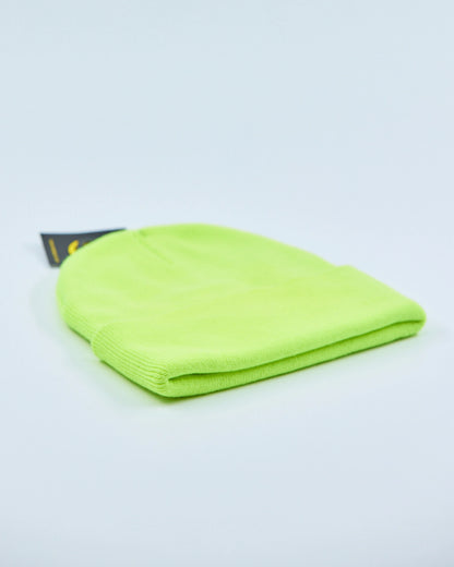 Neon green beanie on a light gray background