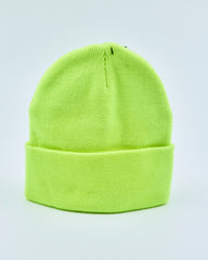 Neon green beanie on a light gray background