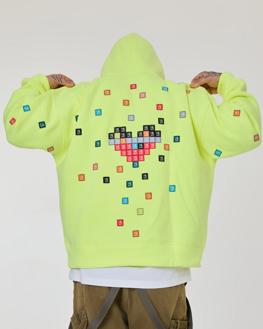 back view of Love Pixel Neon Green Hoodie