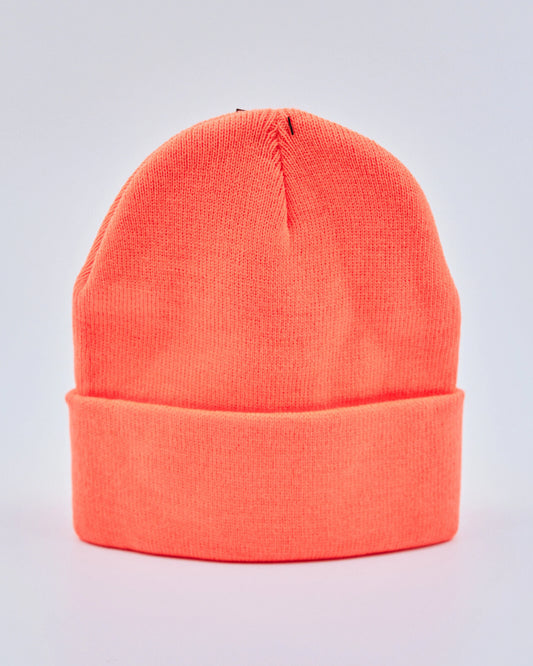 Neon orange beanie on a light gray background