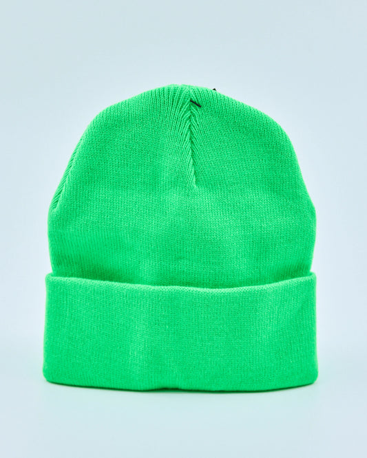 Screaming green beanie on a light gray background