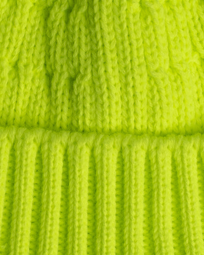 close look of neon yellow fisherman beanie 