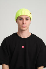 front view of a man wearing Neon Yellow Fisherman Beanie
