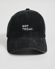 Black corduroy cap with 'Not Today' text on a white background