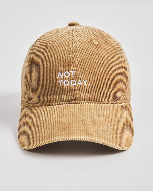 Camel corduroy cap with 'Not Today' text on a light gray background