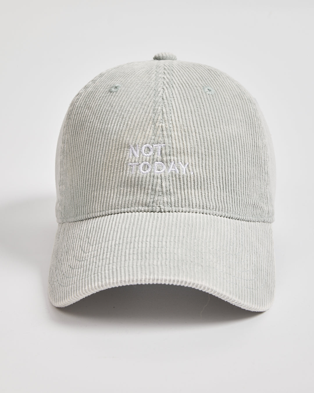 Gray corduroy cap with 'Not Today' text on a light gray background