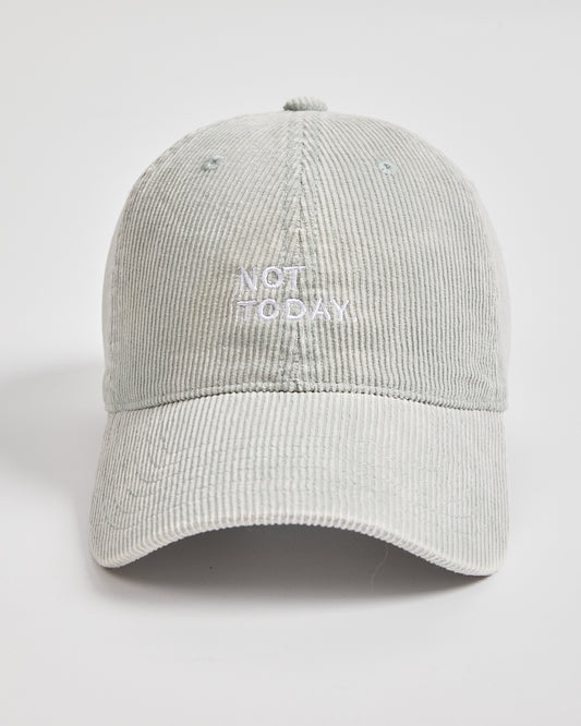 Gray corduroy cap with 'Not Today' text on a light gray background