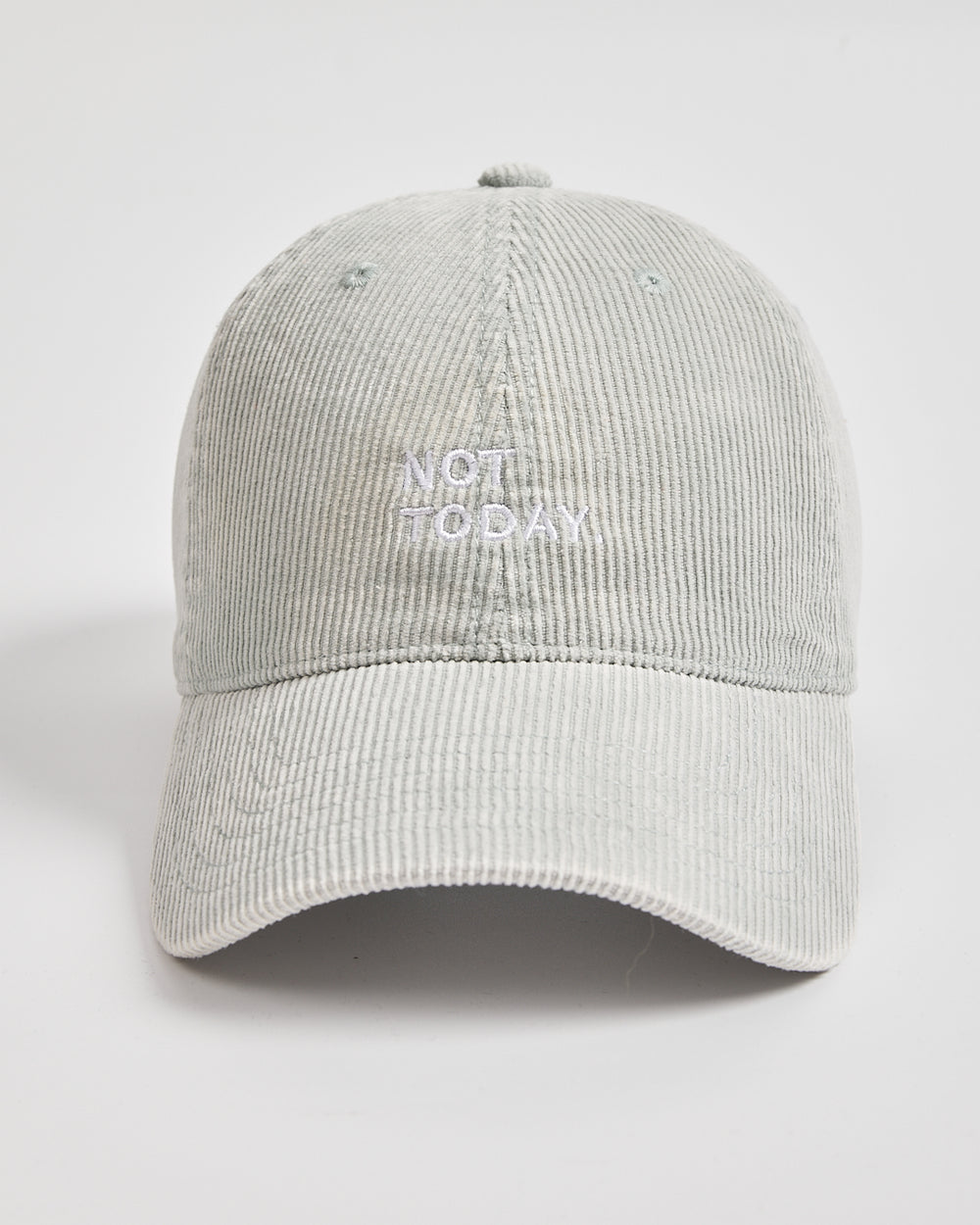 Gray corduroy cap with 'Not Today' text on a light gray background