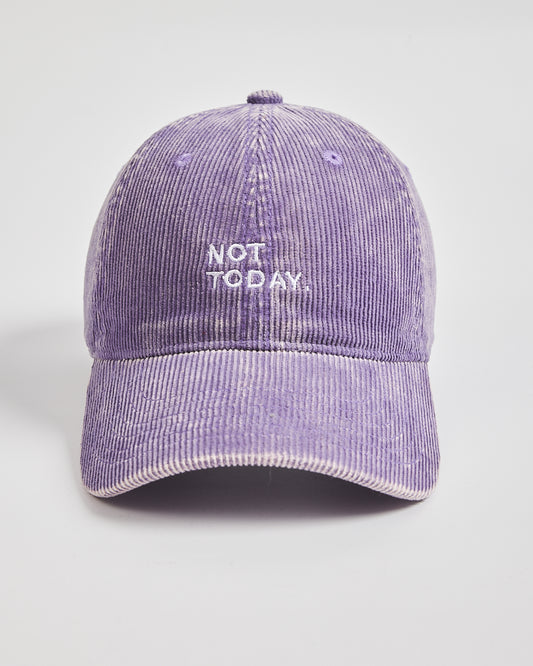 Purple corduroy cap with 'Not Today' text on a light gray background