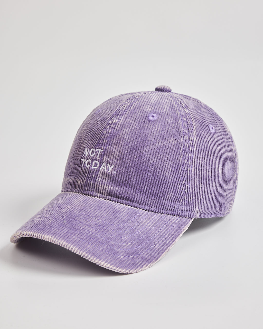 Purple cap with 'Not Today' text on a light gray background