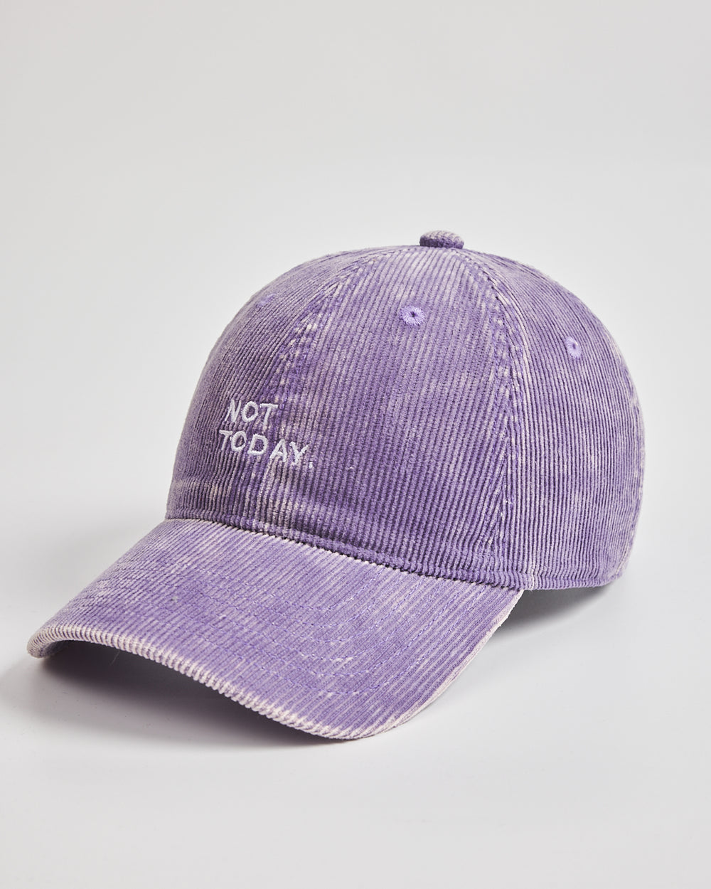 Purple cap with 'Not Today' text on a light gray background