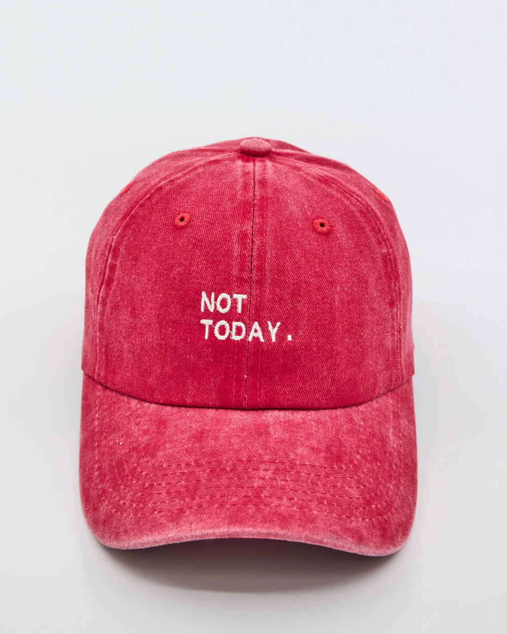front look of not today red washed cap