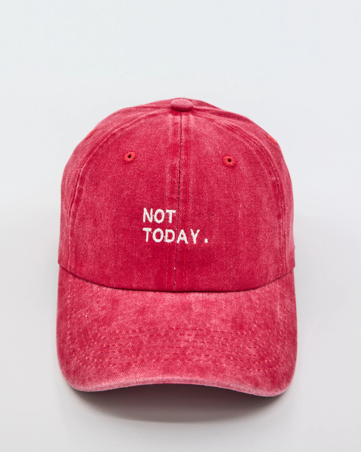 front look of not today red washed cap