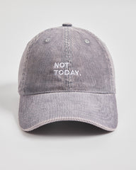 Gray corduroy cap with 'Not Today' text on a light gray background