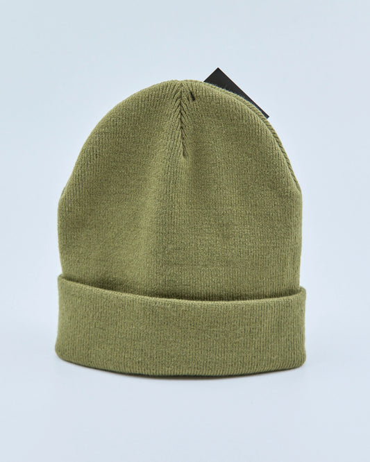 Olive green beanie on a light blue background