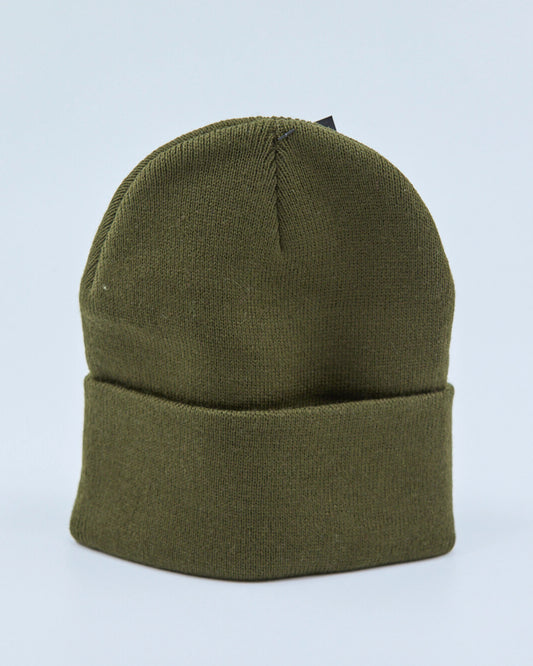 Olive green beanie on a light blue background