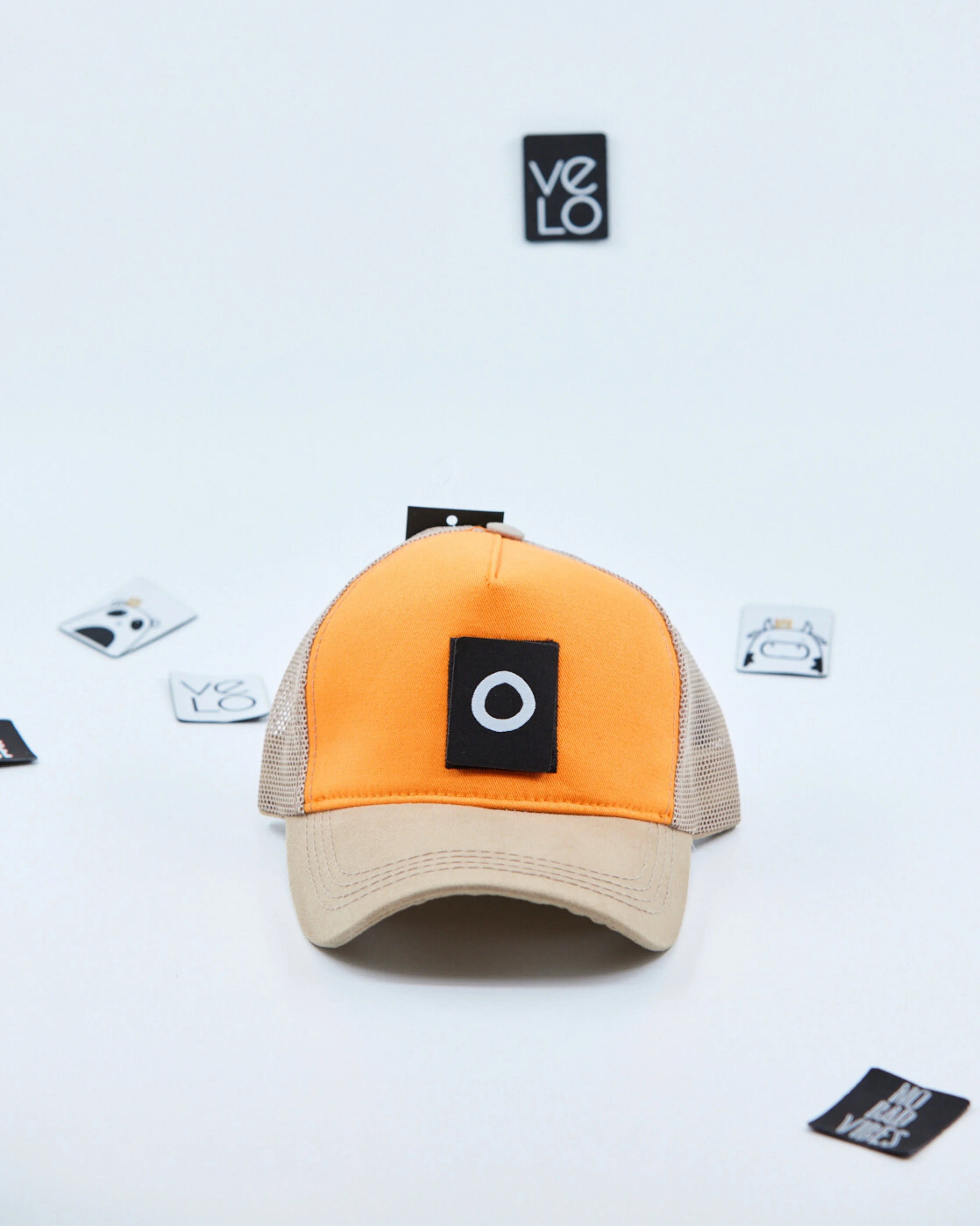 Front view of Orange and Beige Customisable Trucker Cap