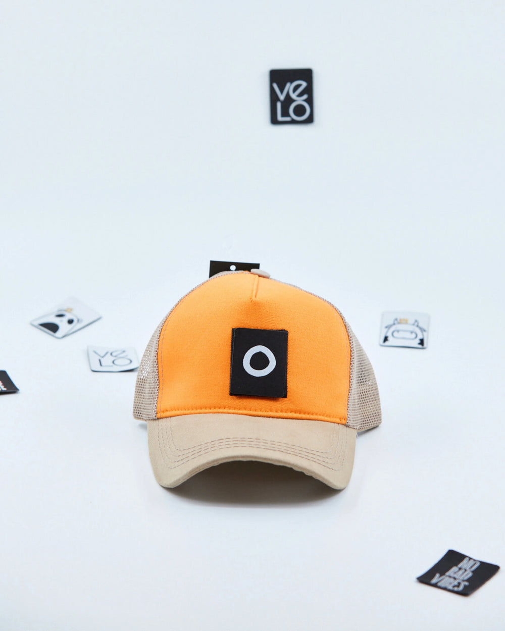 Front view of Orange and Beige Customisable Trucker Cap